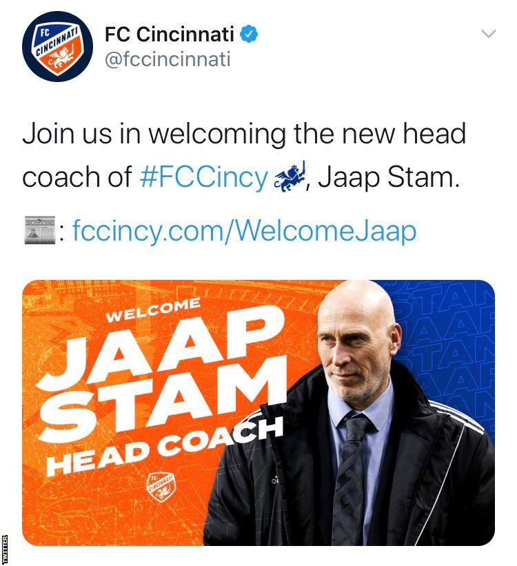 FC Cincinnati tweet showing a photo of Tinus van Teunenbroek instead of Jaap Stam