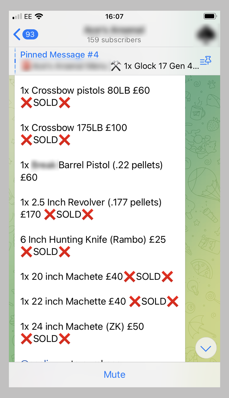 A screenshot from a Telegram group selling knives