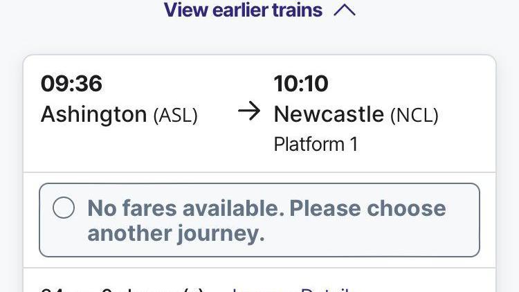 A screenshot of a train journey, as shown on the Network Rail website, with an 09:36 departure from Ashington arriving in Newcastle at 10:00. It also reveals: "No fares available. Please choose another journey."