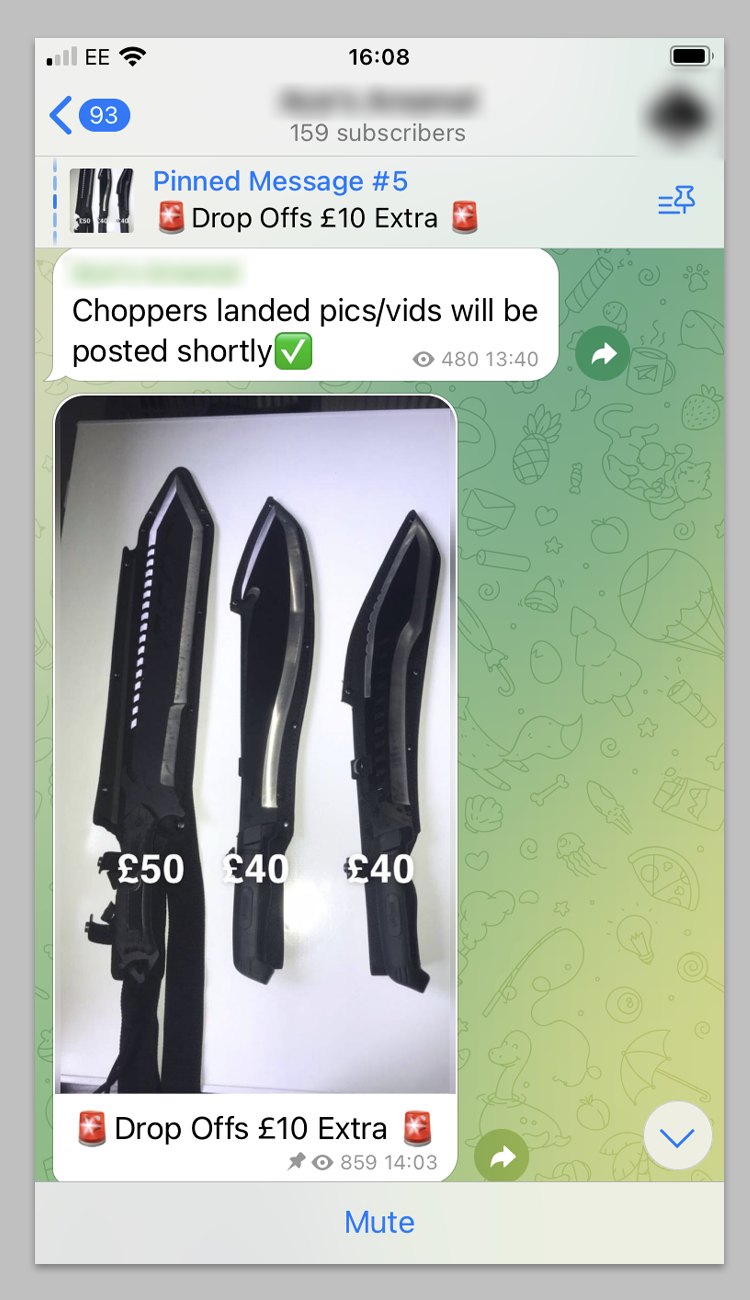 A screenshot from a Telegram group selling knives