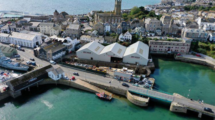 A aerial view of the dry dock in Penzance on a sunny day.