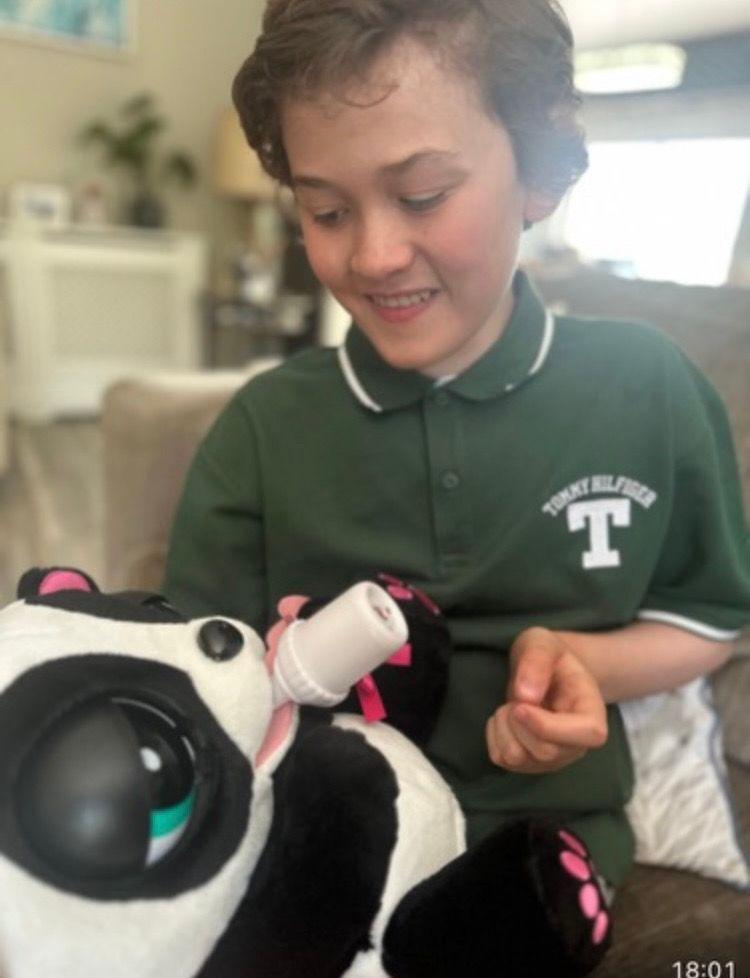 Harry is wearing a green polo style t-shirt with the letter T in white writing on the right hand side. He is playing with a black and white panda doll, that has a bottle in the mouth.