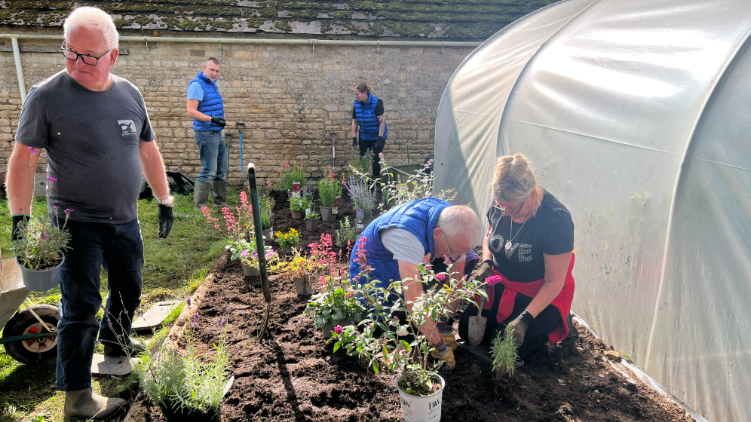 People gardening - some standing , some kneeling down and planting trees