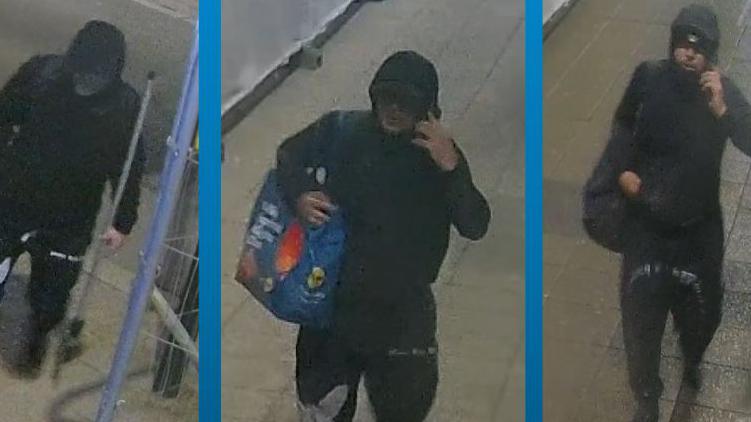 A tryptich of images of a person in a black outfit with one image showing him carrying a blue bag while on the phone. 