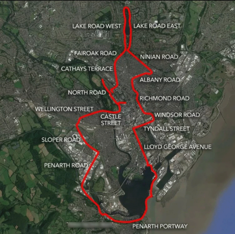 A map of the race circuit around Cardiff with Lake Road East and Lake Road West in the north and Penarth in the south