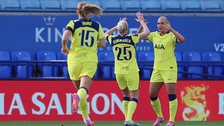 Cathinka Tandberg celebrates scoring for Tottenham against Leicester in the Women's Super League