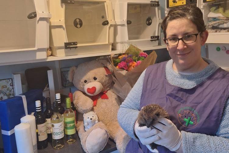 Nadia Al-Dujaili holds a hedgehog with gloved hands and wears a fluffy blue jumper with a tunic over it which has "Forth Hedgehog Hospital" embroidered as a badge. She stands in front of animal boxes as well as a bunch of flowers, a big teddy bear and bottles of wine