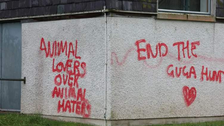 Graffiti an aghaidh sealg a' ghuga air a pheantadh air oifisean Nàdar-Alba ann an Inbhir Nis