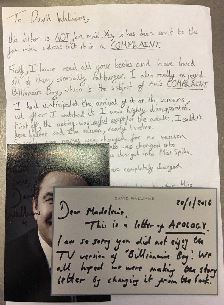 David Walliams response to letter of complaint