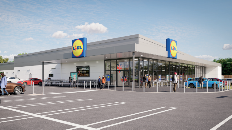 A CGI image of the proposed Lidl supermarket in Hadleigh. The grey single-storey building has a square Lidl logo on its front and side. A car park with cars parked up and pedestrians walking about is drawn in front of the supermarket.