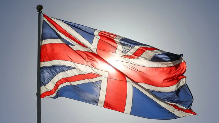 Shows a union flag in red white and blue