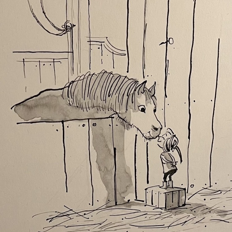 Line drawing of a horse putting its head over a stable door and a little girl wearing wellies standing on a box and reaching up to kiss her