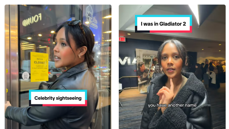 Two videos from Winta's TikTok page. One titles "celebrity sightseeing" the other "I was in Gladiator 2"