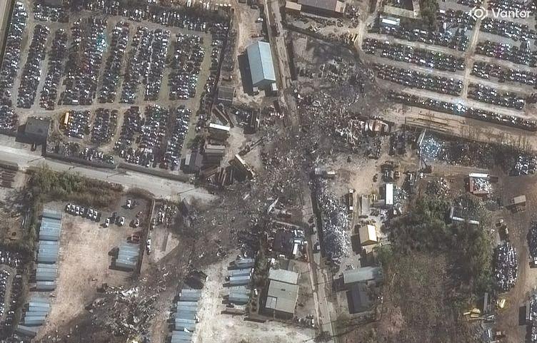 An aerial satellite image shows an industrial area of Louisville, Kentucky, after the crash.