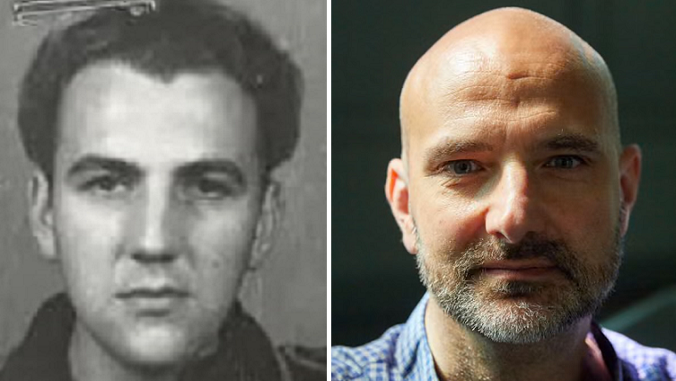 Military head and shoulders black and white photograph of a young man on the left. On the right is a colour photo of a middle aged man with a short beard wearing a check shirt. The photos have been edited side by side as they are grandfather and grandchild. You can see a familial resemblance. 