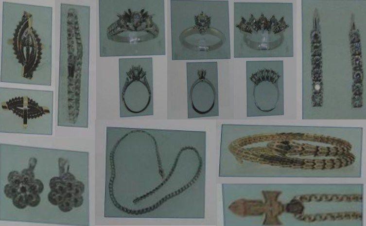 A selection of photocopied images of different items of jewellery. They include diamond rings, earrings, gold necklaces and bracelets.