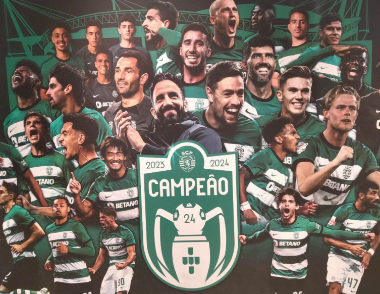 A poster celebrating Sporting's title win in 2023-24 in the Sporting club shop