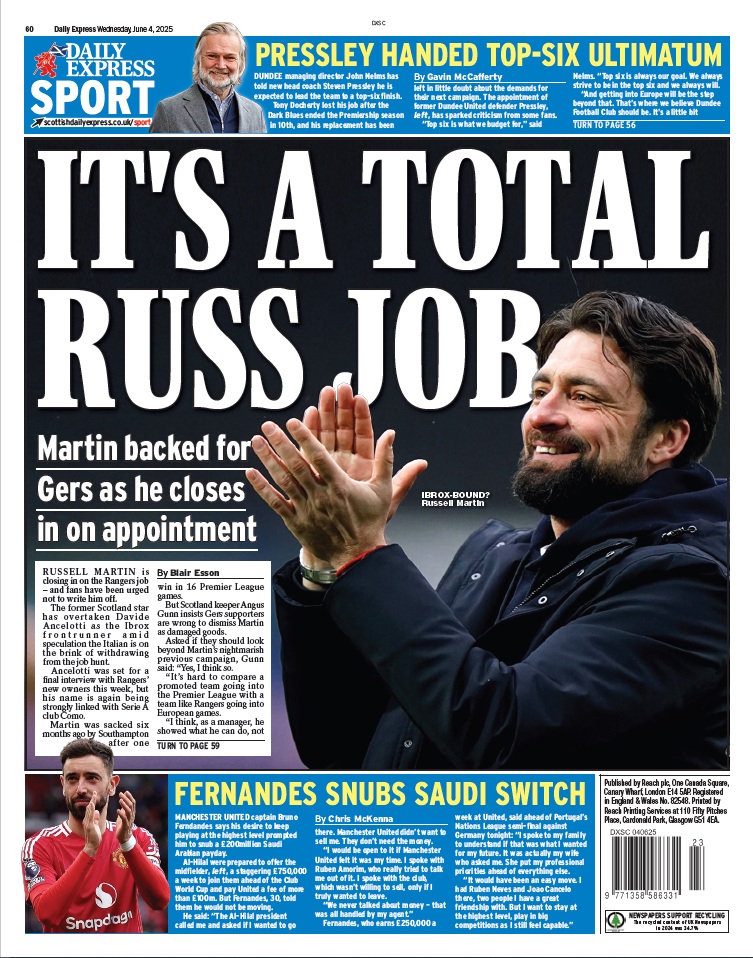 Scottish Daily Express back page depicting Russell Martin with headline 'It's a total Russ Job'