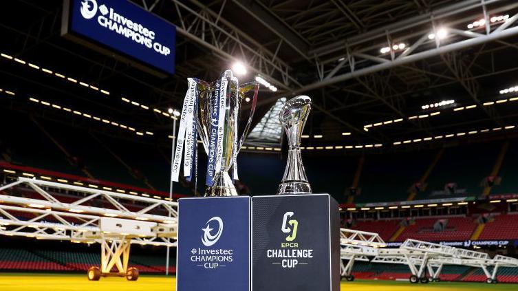 European Champions Cup and Challenge Cup trophies inside Principality Stadium