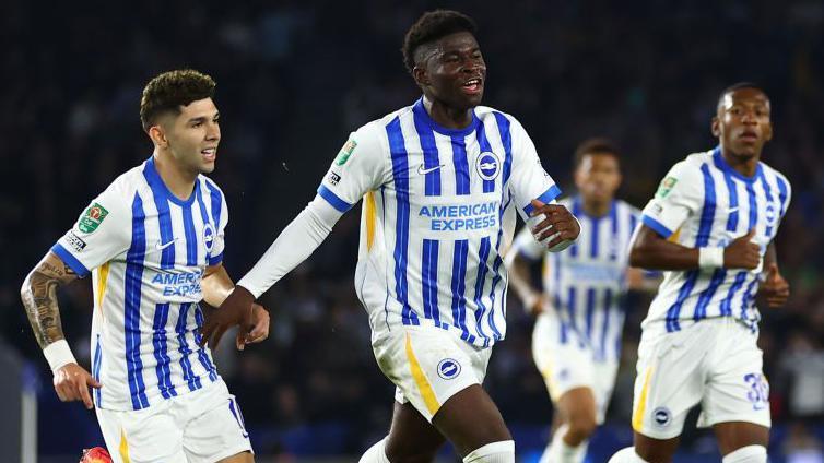 Brighton midfielder Carlos Baleba celebrating