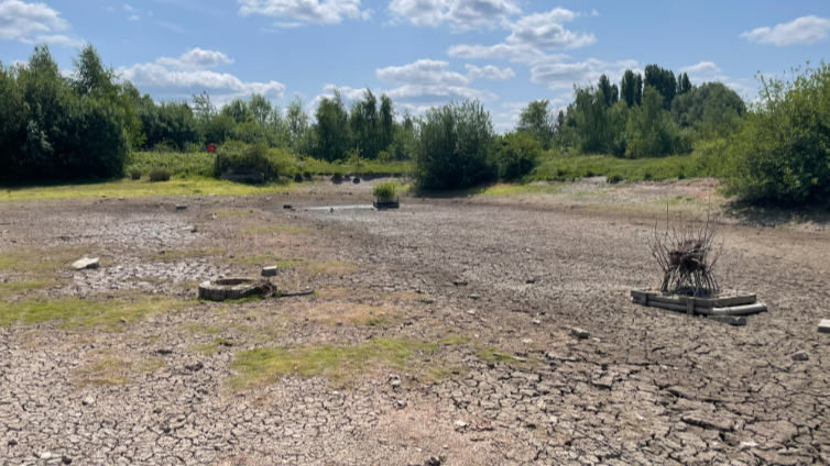 A dry lake in Gedling Country Park, in Nottinghamshire, on a sunny day.