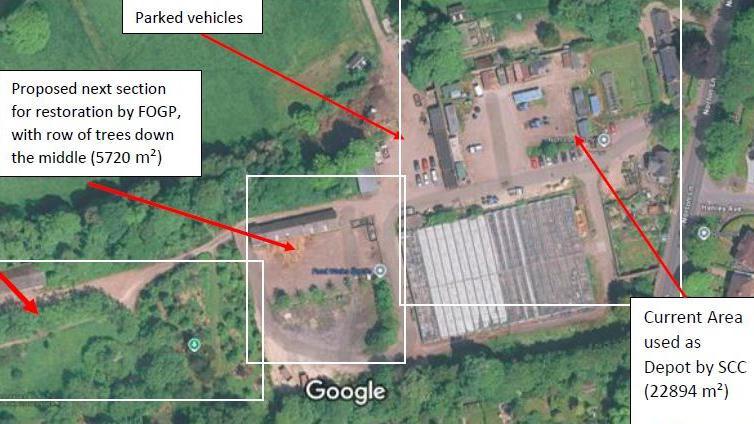A Google Maps aerial image shows the site divided into three sections, each marked with red arrows and labelled with boxes explaining their purpose. The one on the left is the new arboretum and meadow. The one in the middle is the proposed next section and the one on the right is the current are used by Sheffield City Council.