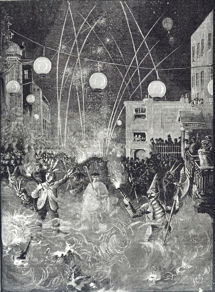 Bonfire engraving showing the 1886 Lewes Bonfire