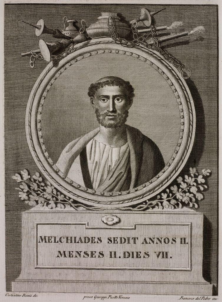 A black and white drawing of Pope Miltiades.