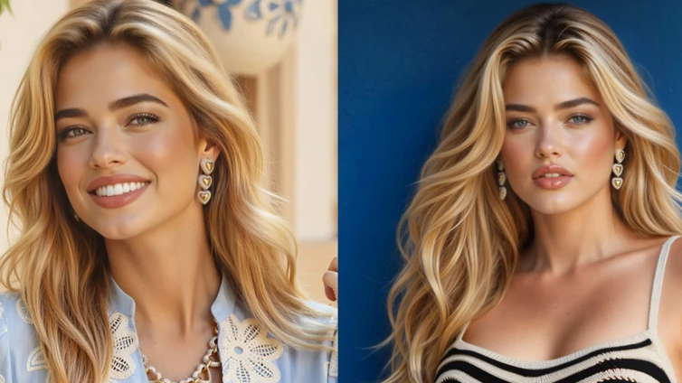 The AI model has long blonde hair with dark eyebrows and heart earrings. Two images have been put side by side – one of the model in a blue shirt and the other of the model in a white and black strappy top.