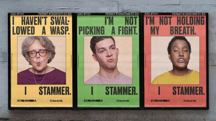 A poster awareness campaign for stammering from the charity Stamma. The poster shows three portraits; one of an older woman with glasses with the caption 'I haven't swallowed a wasp. I stammer.' A portrait of a young man is captioned 'I'm not picking a fight. I stammer'. And a portrait of a young woman with cropped hair is captioned 'I'm not holding my breath, I stammer'.