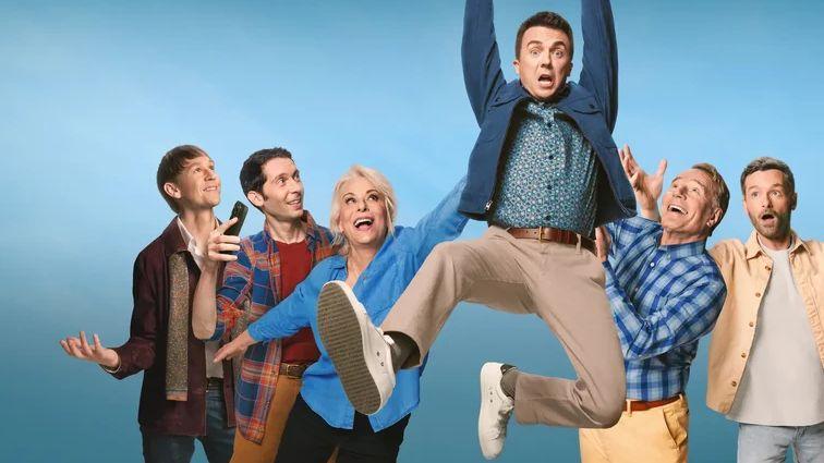 The family from Malcolm in the Middle, including Malcolm hanging from the ceiling, pictured against a light blue background