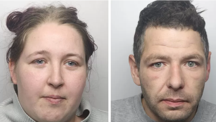 Mugshots of Sinead James (left, with died purple hair tied back and grey jumper) and Kyle Bevan (stubble, greying dark hair and a grey t-shirt)