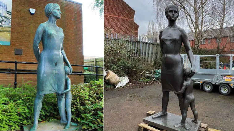 A composite image of a bronze statue of a woman in a dress with a child hugging her leg.  The left hand image shows shows the statue as green coloured, before the restoration.  The right hand image shows it darker and shinier after a cleaning.