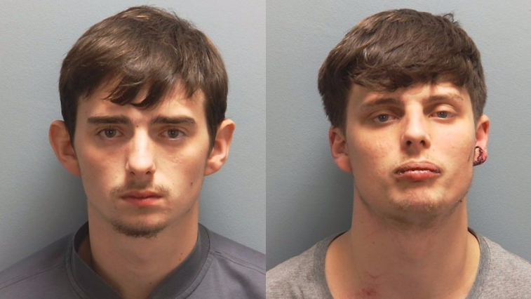 Tommy and Aiden West are pictured in police custody photos. Both have dark brown hair. Tommy (left) has a small goatee beard while Aiden has a a bloody injury to his left ear.