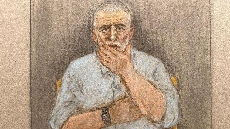A court sketch showing Peter Sullivan, 68, who has grey and white hair and a blue shirt, holding his hand to his face