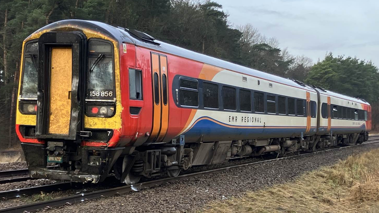 A stranded two-carriage train in the countryside, with trees behind it. You can see damage to the front of the train and its front wheels have come off the rails. It says "EMR Regional" on the side of the train, which is white, red, blue and orange in colour.