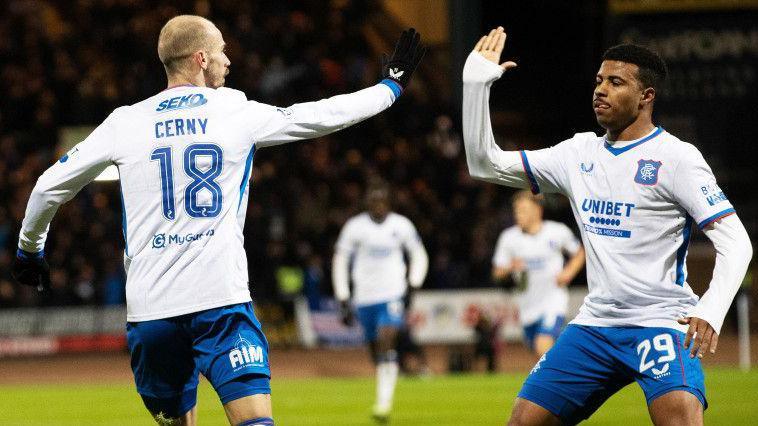 Rangers' Vaclav Cerny and Hamza Igamane celebrate against Dundee