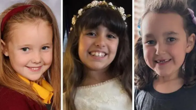 Three images of young girls posing for the camera - one with red hair and in school uniform, one with long dark hair and in a cream dress, and the other in a grey T-shirt with her brown hair in bunches
