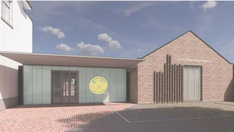 An artist sketch of a brick building and a glass entrance with a yellow circle sign which has a teddy bear logo and the words Zoe's Place.