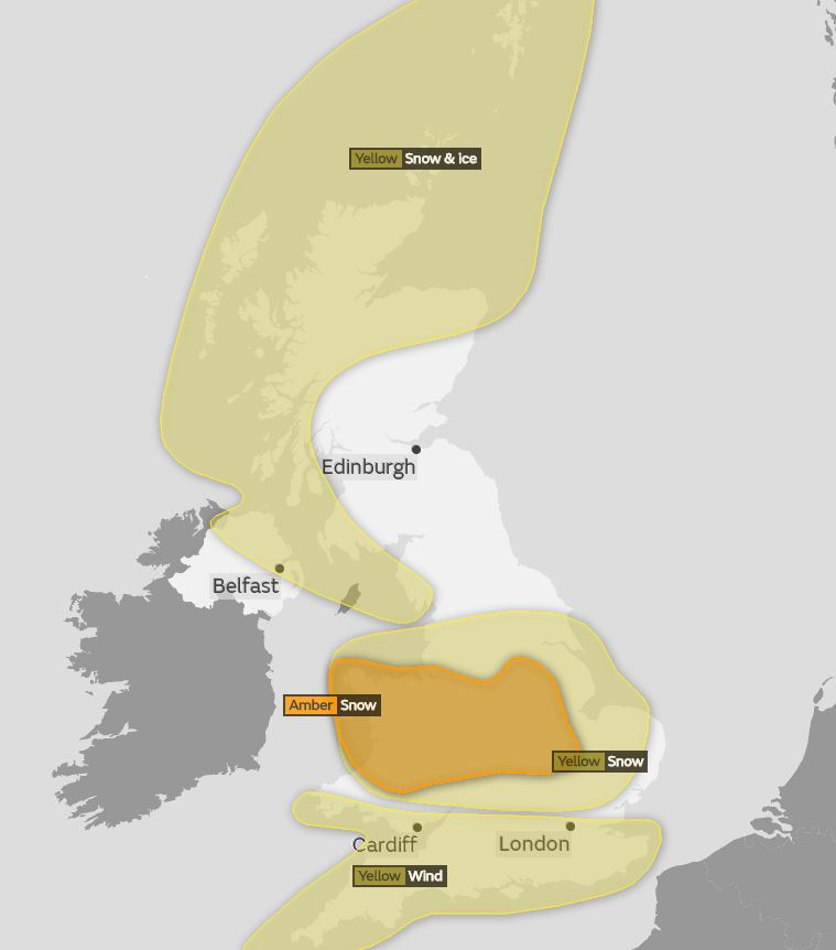 The Met Office have issued yellow and amber weather warnings for Sunday