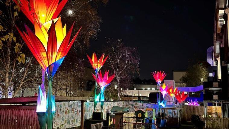 Eight tall flower sculptures which are lit up in orange, red and pink at night. They all have pointed elongated petals pointing up to the sky. Below them is a children's play area at the hospital. 