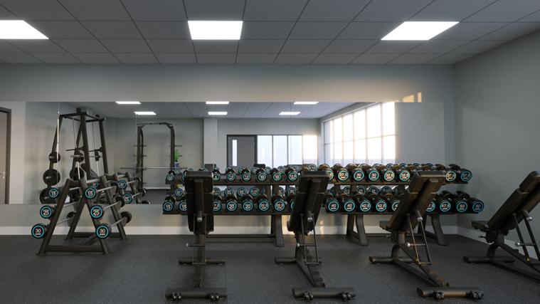 Computer-generated image of a weights room with large mirror