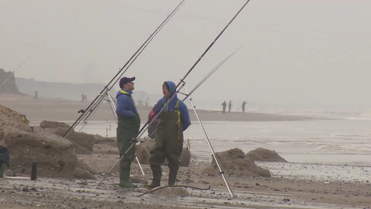 A group of people fish on a pebbled beach under an overcast sky. Two men in waders and hats stand near fishing rods planted in the sand, with more people fishing along the shore in the background.