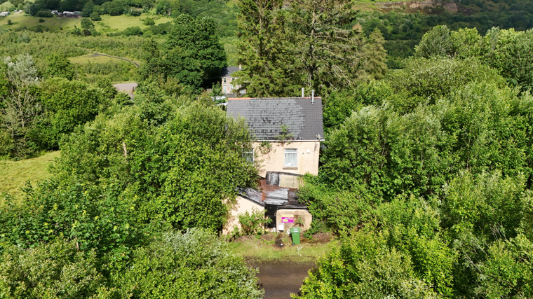 An old house is pictured with its back garden, with many trees surrounding it