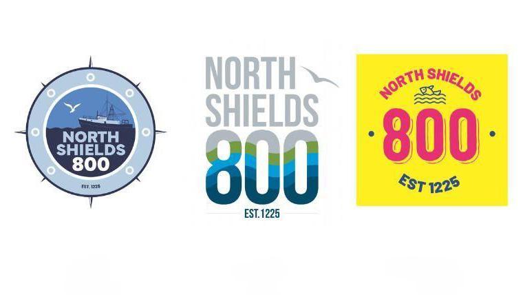 The three logo designs, which all include the words "North Shields 800". The one on the left is cicular and features the a fishing boat. The middle logo includes green and blue stripes in a wave pattern among its lettering . The righthand logo is a yellow square and includes a small logo of a fish coming out of the water.