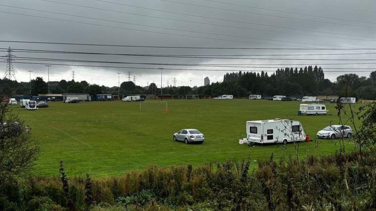 Caravans on the pitches of the Dave Eastwood Sports Ground