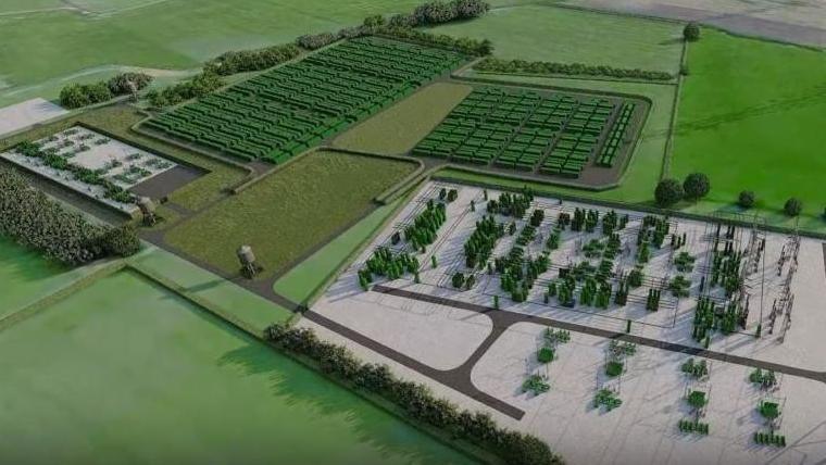 An artist's impression of a battery energy storage system, with units spread across a a number of green fields