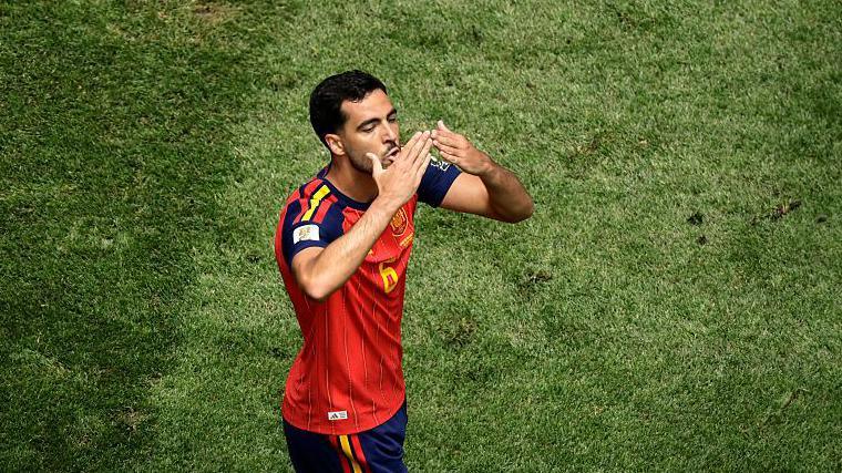 Mikel Merino celebrates scoring for Spain
