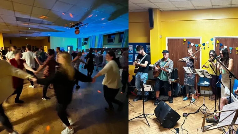 Split image: To the left people hold hands and dance in a circle; to the right a group of musicians play instruments among speakers, microphones and music stands. 