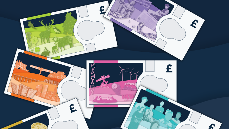 Some designs of banknotes which includes landmark places in England, British animals , science innovations and big events in history